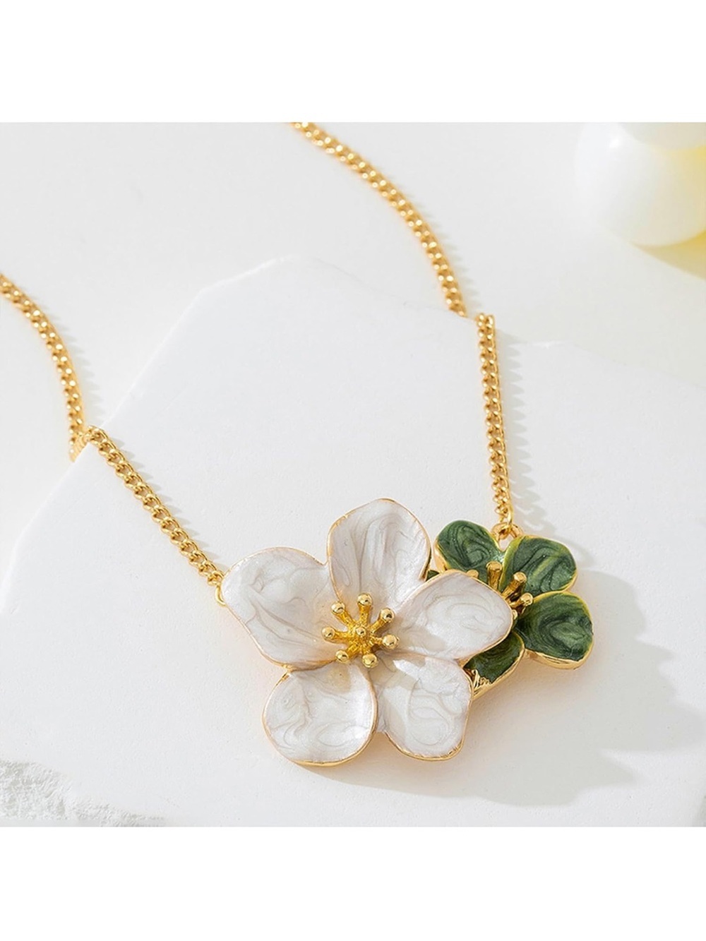 Gold Floral Pendant Necklace with White and Green Blooms - Picture 4 of 4
